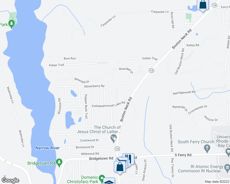 map of restaurants, bars, coffee shops, grocery stores, and more near 24 Sweet Birch Trail in Narragansett