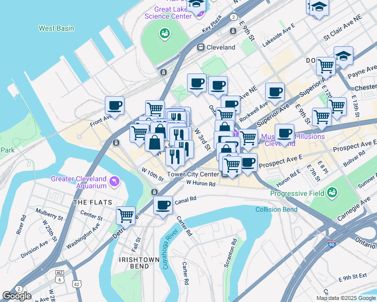 map of restaurants, bars, coffee shops, grocery stores, and more near 1407 West 6th Street in Cleveland
