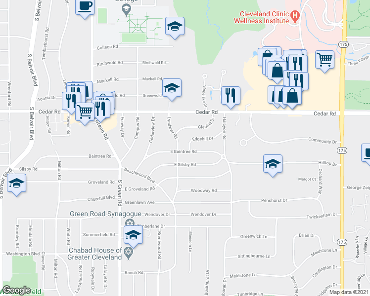 map of restaurants, bars, coffee shops, grocery stores, and more near 23709 East Baintree Road in Beachwood