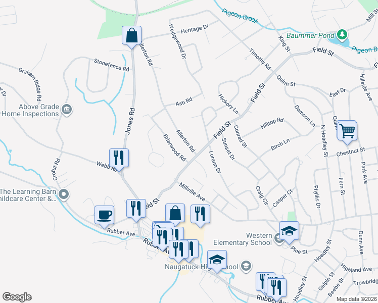 map of restaurants, bars, coffee shops, grocery stores, and more near 14 Allerton Road in Naugatuck