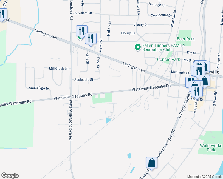map of restaurants, bars, coffee shops, grocery stores, and more near 1092 Farnsworth Road in Waterville