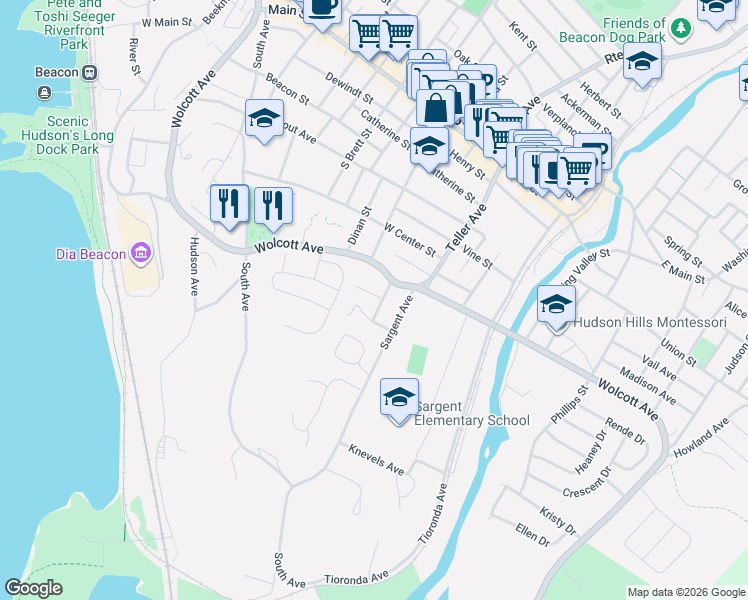 map of restaurants, bars, coffee shops, grocery stores, and more near 19 Coffey Avenue in Beacon