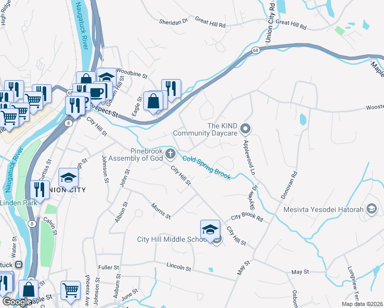 map of restaurants, bars, coffee shops, grocery stores, and more near 73 Wooster Street in Naugatuck