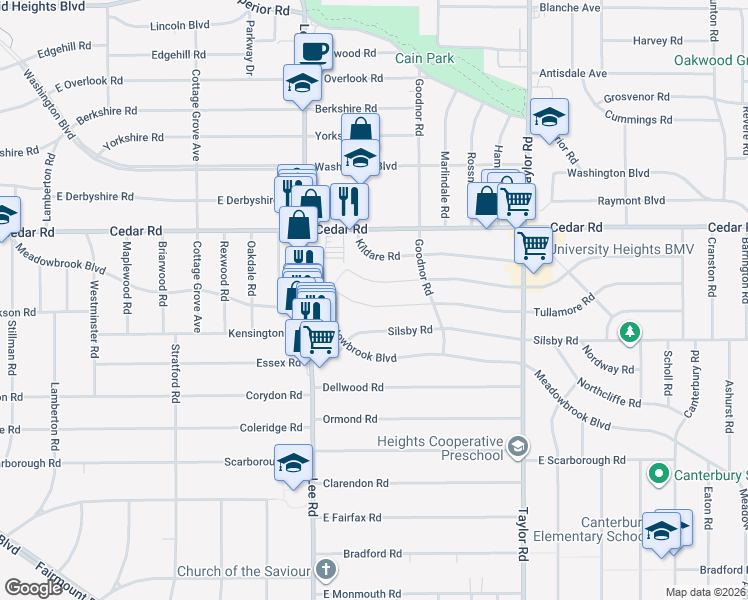 map of restaurants, bars, coffee shops, grocery stores, and more near 3267 Tullamore Rd in Cleveland Heights