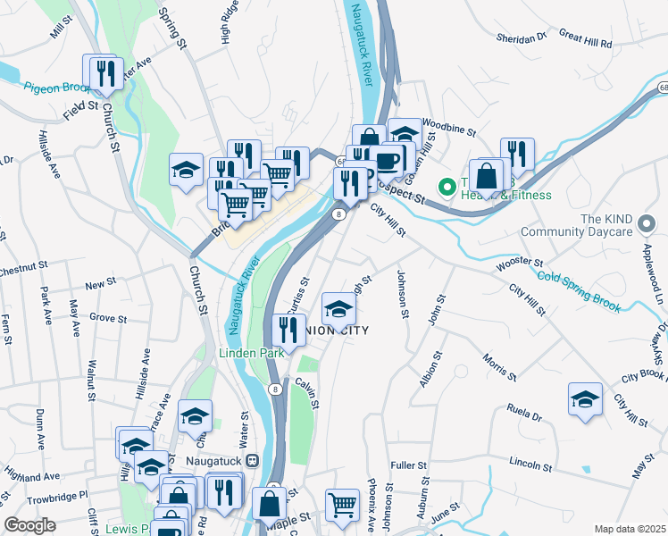 map of restaurants, bars, coffee shops, grocery stores, and more near 309 North Main Street in Naugatuck