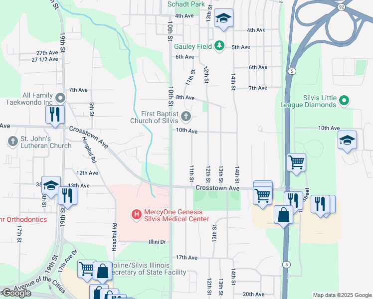 map of restaurants, bars, coffee shops, grocery stores, and more near 1026 11th Street in Silvis