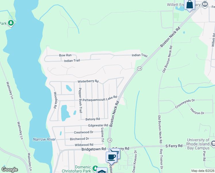 map of restaurants, bars, coffee shops, grocery stores, and more near 24 Sweet Birch Trail in Narragansett