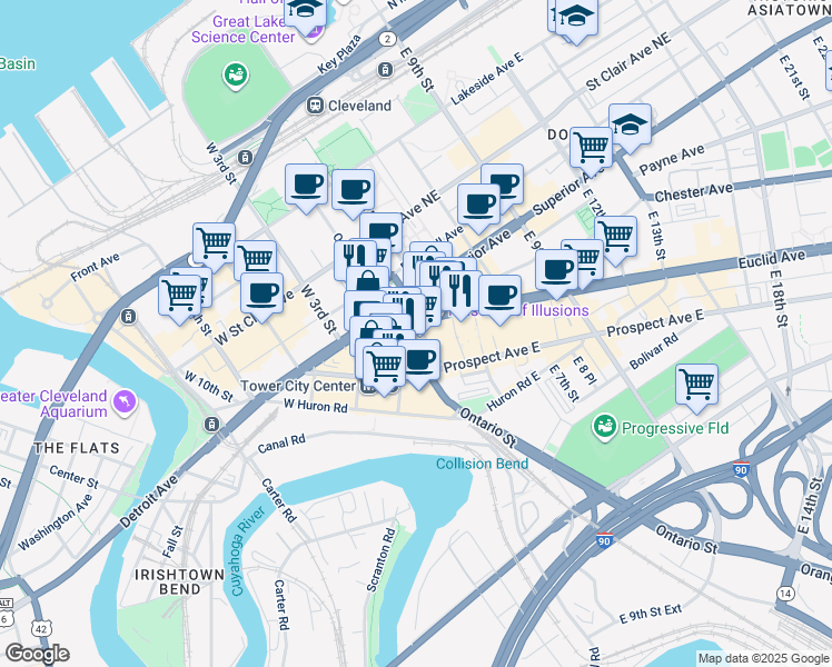map of restaurants, bars, coffee shops, grocery stores, and more near 140 Public Square in Cleveland
