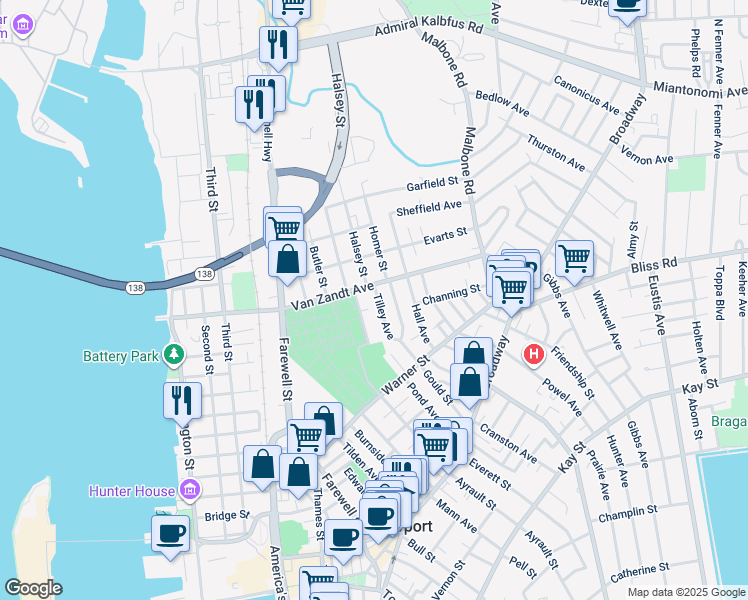 map of restaurants, bars, coffee shops, grocery stores, and more near 26 Tilley Avenue in Newport