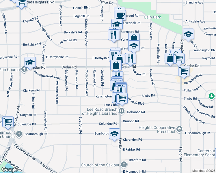 map of restaurants, bars, coffee shops, grocery stores, and more near 3145 Meadowbrook Boulevard in Cleveland Heights
