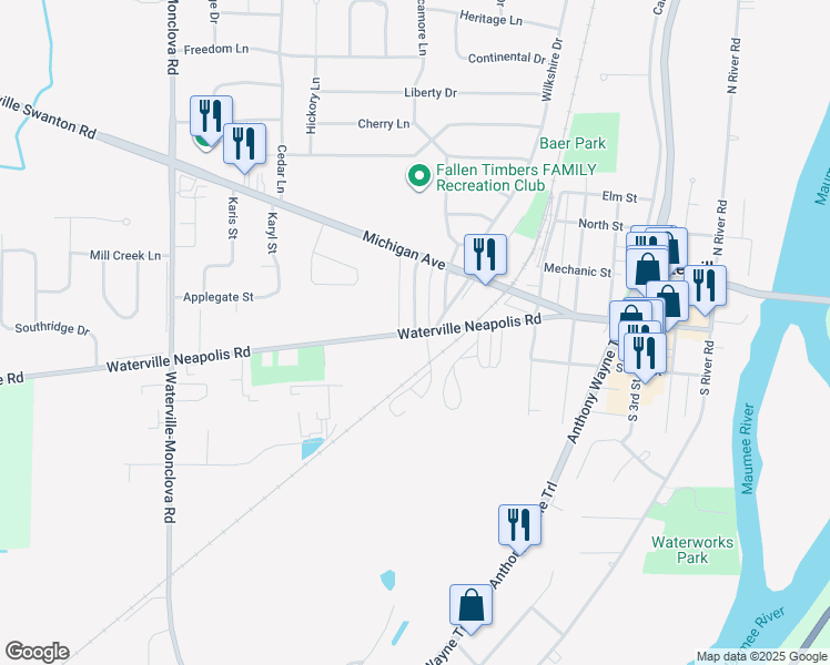 map of restaurants, bars, coffee shops, grocery stores, and more near Farnsworth Road in Waterville