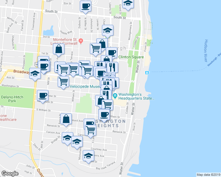 map of restaurants, bars, coffee shops, grocery stores, and more near 83 Ann Street in Newburgh