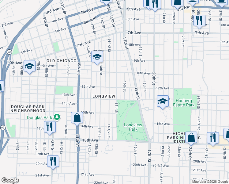 map of restaurants, bars, coffee shops, grocery stores, and more near 1212 15th Street in Rock Island