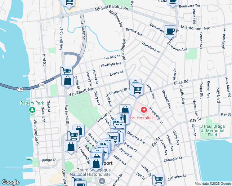map of restaurants, bars, coffee shops, grocery stores, and more near 23 Channing Street in Newport