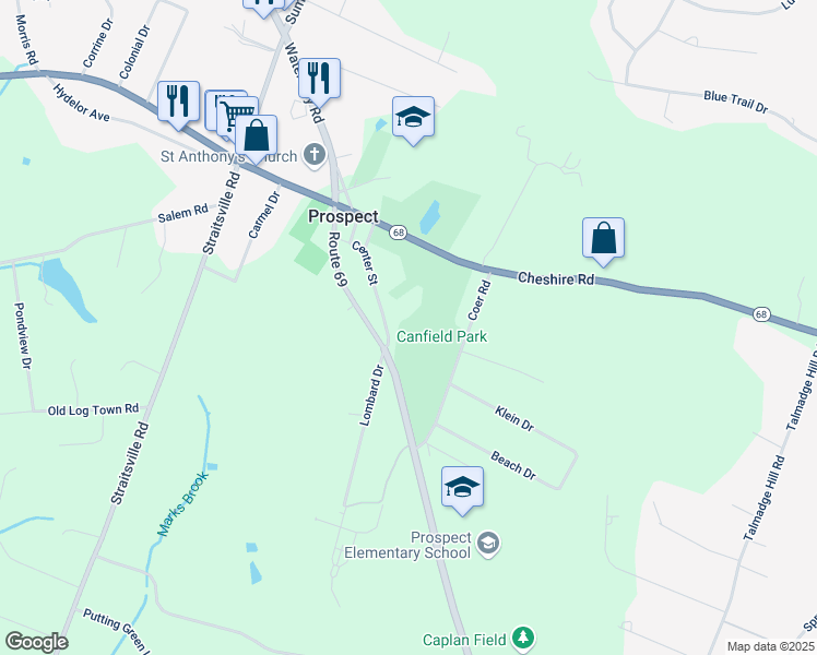 map of restaurants, bars, coffee shops, grocery stores, and more near 2 Center Street in Prospect