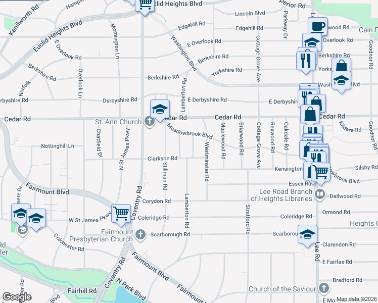 map of restaurants, bars, coffee shops, grocery stores, and more near 2220 Kerrwood Road in Cleveland Heights