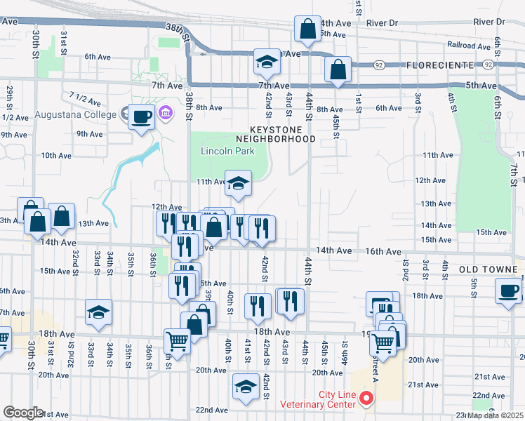 map of restaurants, bars, coffee shops, grocery stores, and more near 4200 13th Avenue in Rock Island