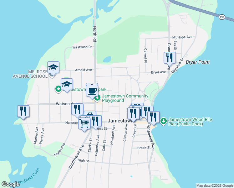 map of restaurants, bars, coffee shops, grocery stores, and more near 49 Grinnell Street in Jamestown