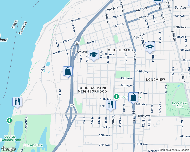 map of restaurants, bars, coffee shops, grocery stores, and more near 1200-1298 6th Street in Rock Island