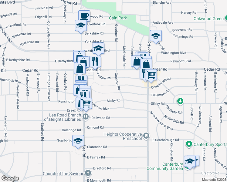 map of restaurants, bars, coffee shops, grocery stores, and more near 3309 Tullamore Road in Cleveland Heights