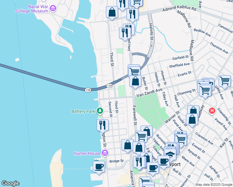 map of restaurants, bars, coffee shops, grocery stores, and more near 99 3rd Street in Newport