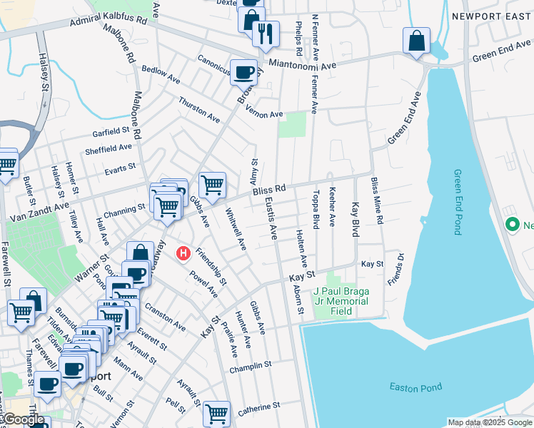map of restaurants, bars, coffee shops, grocery stores, and more near 19 Eustis Avenue in Newport