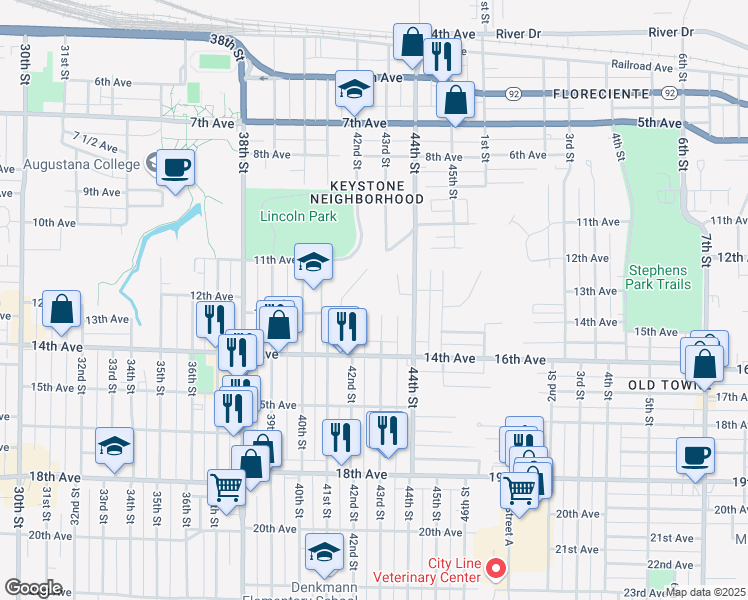 map of restaurants, bars, coffee shops, grocery stores, and more near 1300 43rd Street in Rock Island