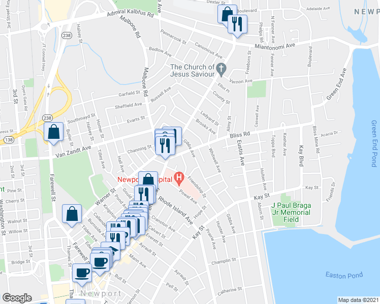 map of restaurants, bars, coffee shops, grocery stores, and more near 17 Bliss Road in Newport