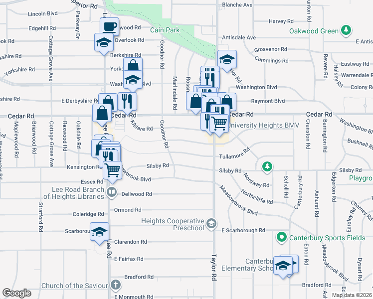 map of restaurants, bars, coffee shops, grocery stores, and more near 3391 Tullamore Road in Cleveland Heights