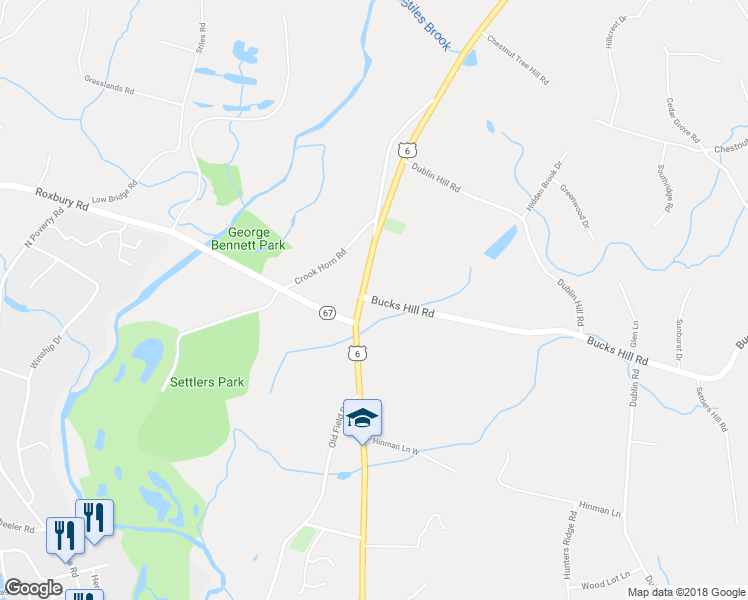 map of restaurants, bars, coffee shops, grocery stores, and more near 36 Bucks Hill Road in Southbury