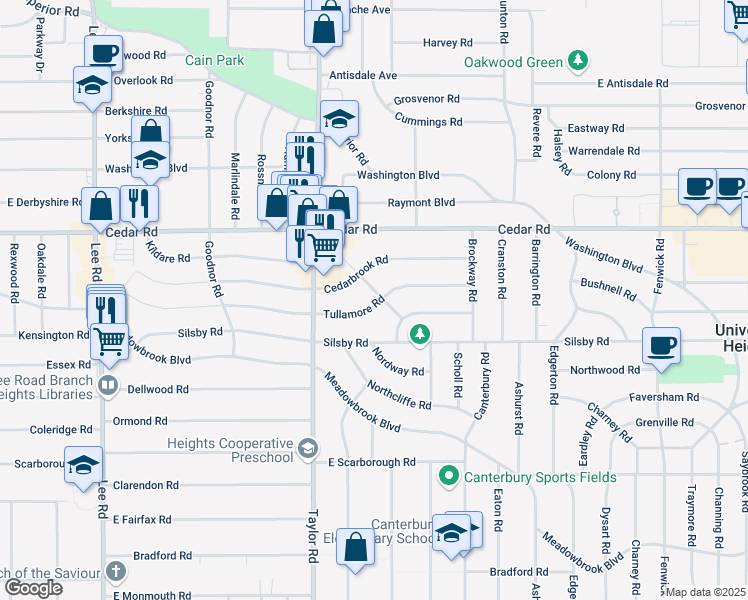 map of restaurants, bars, coffee shops, grocery stores, and more near 2220 Jackson Boulevard in Cleveland Heights