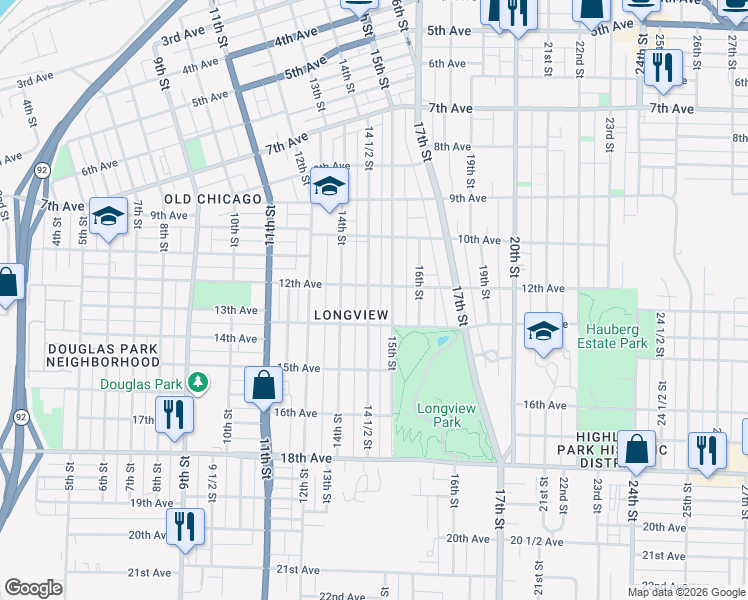 map of restaurants, bars, coffee shops, grocery stores, and more near 1212 15th Street in Rock Island