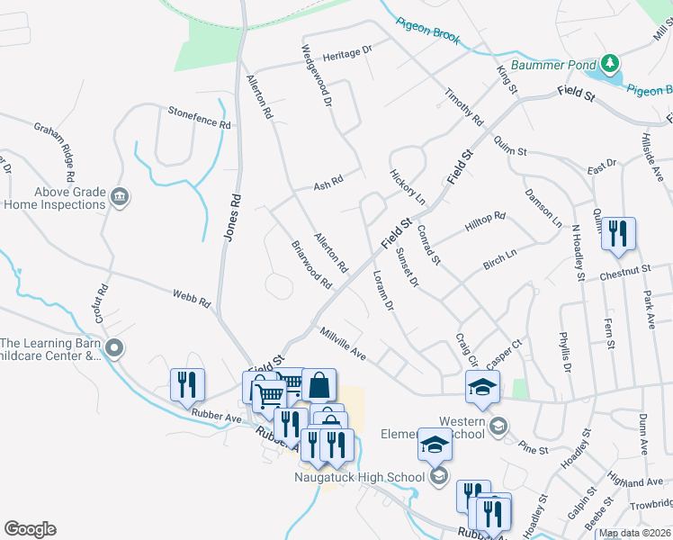 map of restaurants, bars, coffee shops, grocery stores, and more near 14 Allerton Road in Naugatuck