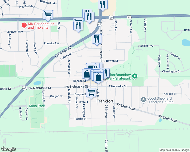 map of restaurants, bars, coffee shops, grocery stores, and more near 22 Elwood Street in Frankfort