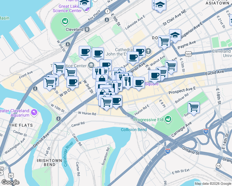 map of restaurants, bars, coffee shops, grocery stores, and more near 140 Public Square in Cleveland