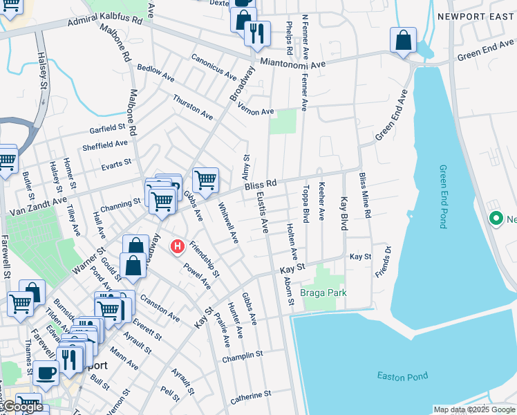 map of restaurants, bars, coffee shops, grocery stores, and more near 19 Eustis Avenue in Newport