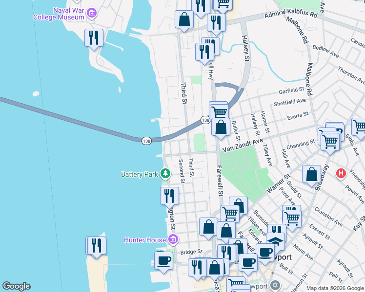 map of restaurants, bars, coffee shops, grocery stores, and more near 108 Second Street in Newport