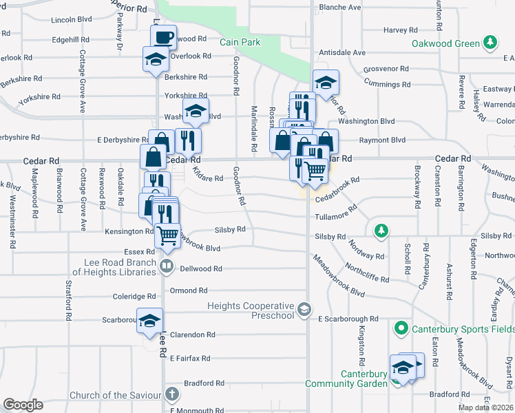 map of restaurants, bars, coffee shops, grocery stores, and more near 3351 Tullamore Road in Cleveland Heights