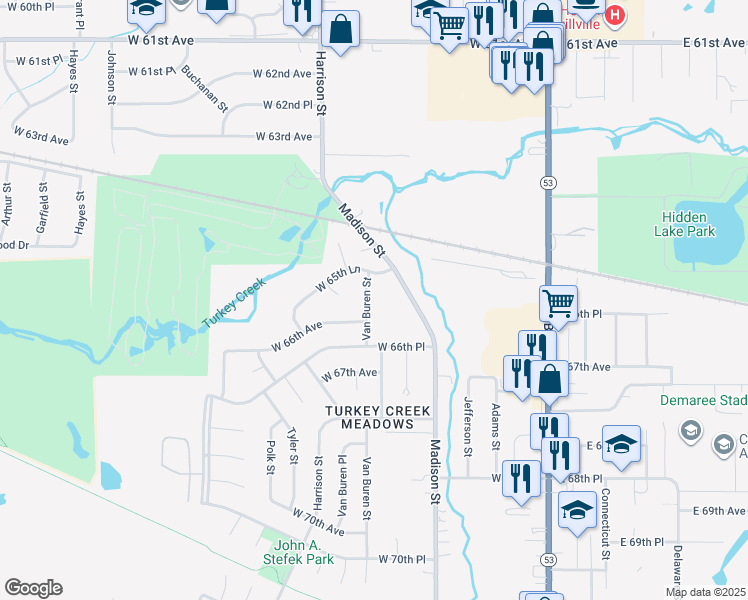 map of restaurants, bars, coffee shops, grocery stores, and more near 6549 Van Buren Street in Merrillville