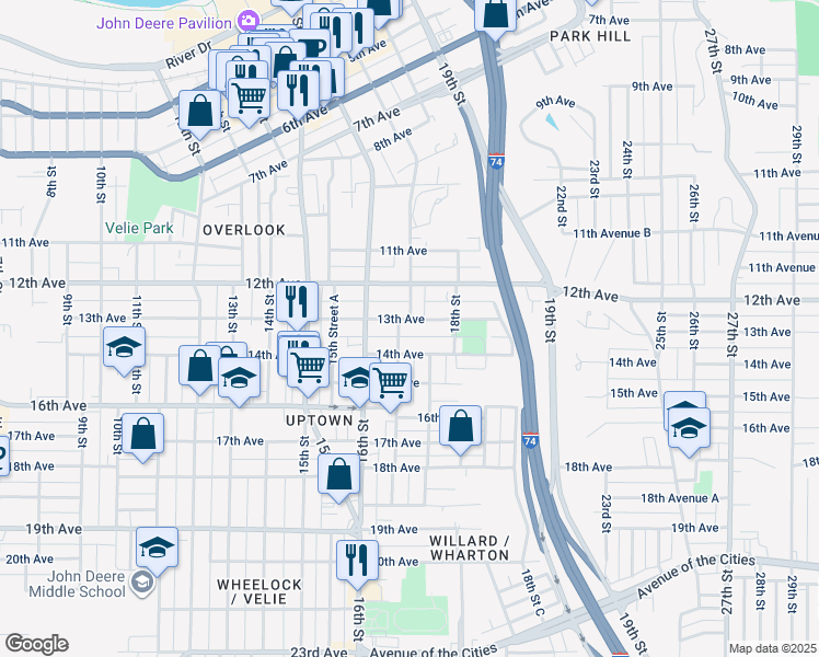 map of restaurants, bars, coffee shops, grocery stores, and more near 1712 13th Avenue in Moline