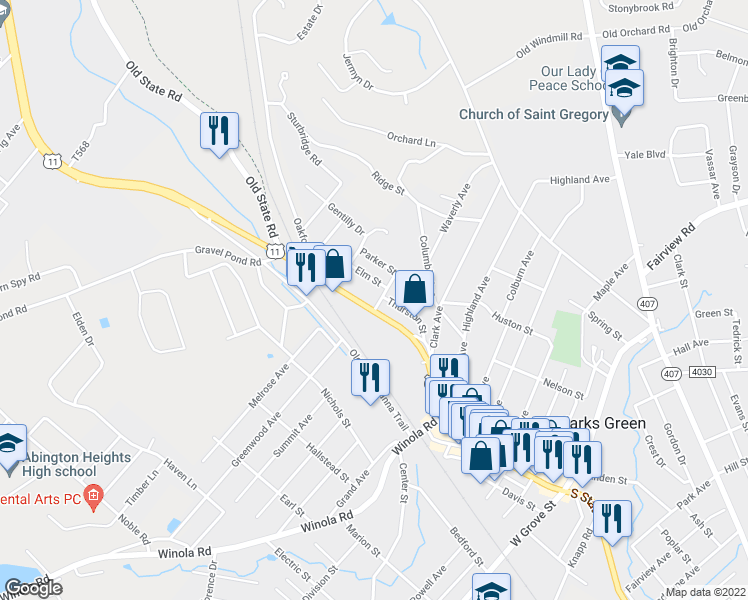 map of restaurants, bars, coffee shops, grocery stores, and more near 402 N State St in Clarks Summit