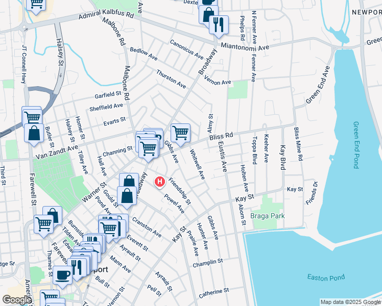 map of restaurants, bars, coffee shops, grocery stores, and more near 29 1/2 Bliss Road in Newport