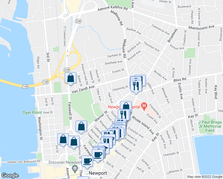 map of restaurants, bars, coffee shops, grocery stores, and more near 30 Hall Avenue in Newport