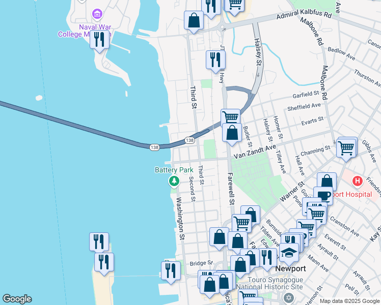map of restaurants, bars, coffee shops, grocery stores, and more near 108 Second Street in Newport