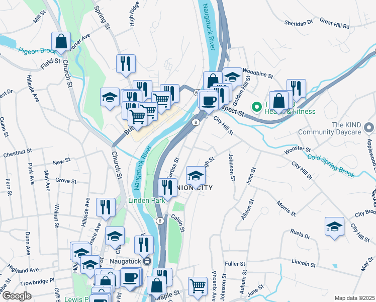 map of restaurants, bars, coffee shops, grocery stores, and more near 309 North Main Street in Naugatuck