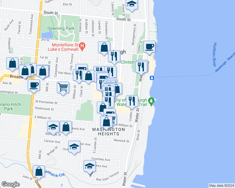 map of restaurants, bars, coffee shops, grocery stores, and more near 17 Grand Street in Newburgh