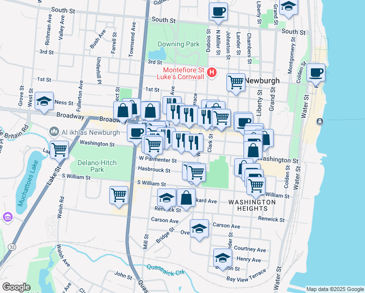 map of restaurants, bars, coffee shops, grocery stores, and more near 226 Washington Street in Newburgh