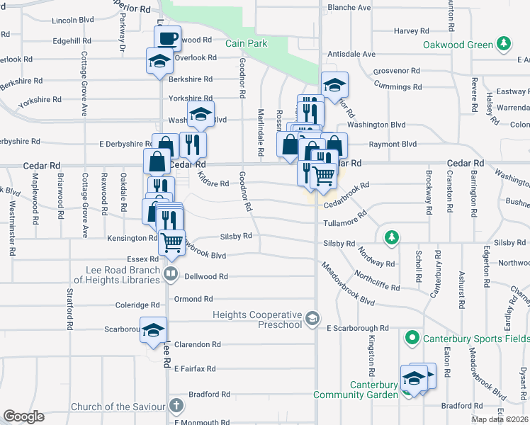 map of restaurants, bars, coffee shops, grocery stores, and more near 3351 Tullamore Road in Cleveland Heights