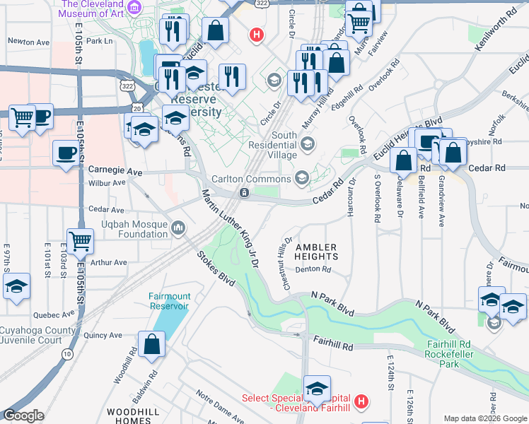 map of restaurants, bars, coffee shops, grocery stores, and more near 11432 Cedar Glen Parkway in Cleveland