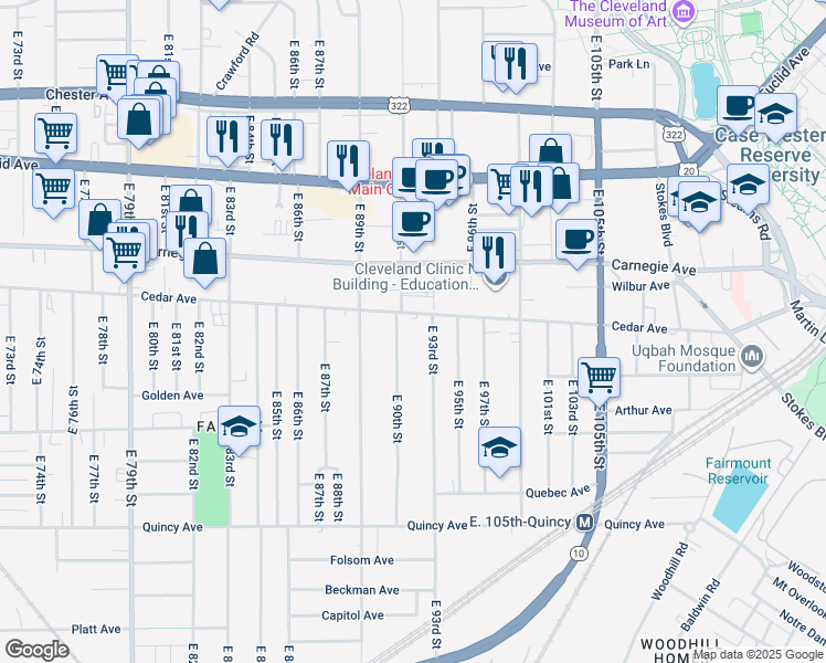 map of restaurants, bars, coffee shops, grocery stores, and more near 9000 Cedar Avenue in Cleveland